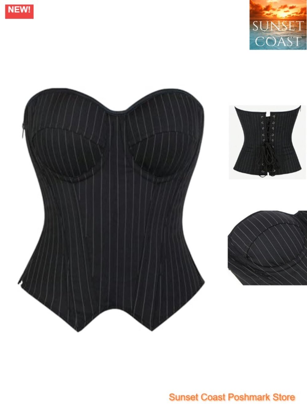 Pinstripe Lace Up Corset Bustier Top Strapless Asymmetrical Hem